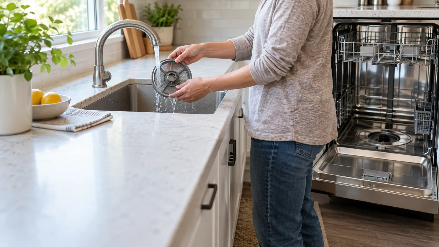 A homeowner's hands, seen from the shoulders down, lift the round mesh filter out of the bottom of an open stainless dishwasher in a bright home kitchen, the dishwasher filter held under the running kitchen tap a step away, indoors.