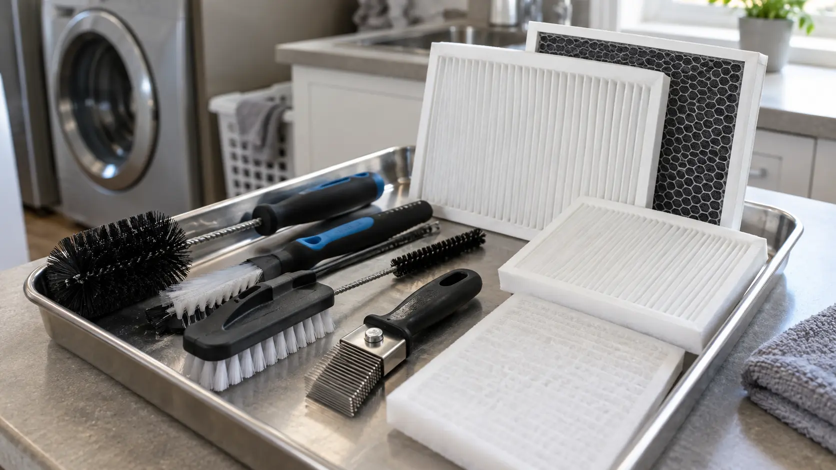 Close on a technician's tray of brushes, a coil comb and new filters on a counter.