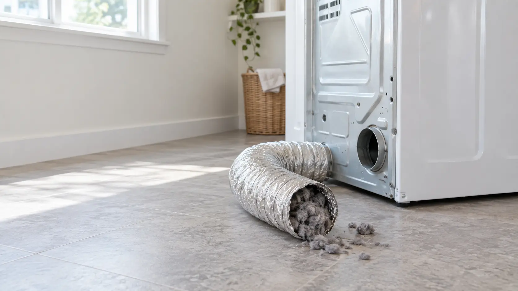 In a quiet home laundry room a length of crushed foil dryer duct, packed with gray lint, lies on the floor beside a white dryer pulled a foot from the wall, the dryer exhaust collar open at the back, indoors.