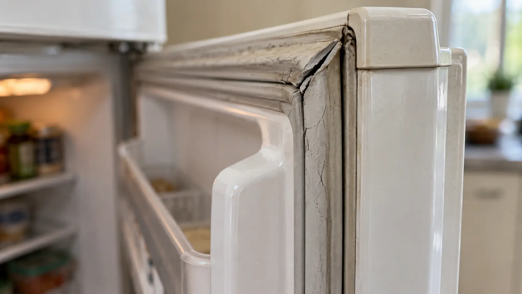 Close on a cracked, stiff rubber door gasket on an older refrigerator.