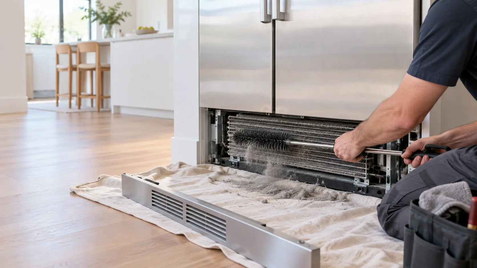 A technician's hands, shoulders down, run a long coil brush across the dusty condenser coil behind the removed kick plate of a built-in refrigerator in a clean home kitchen, gray dust lifting off the refrigerator condenser coil onto a drop cloth, indoors.