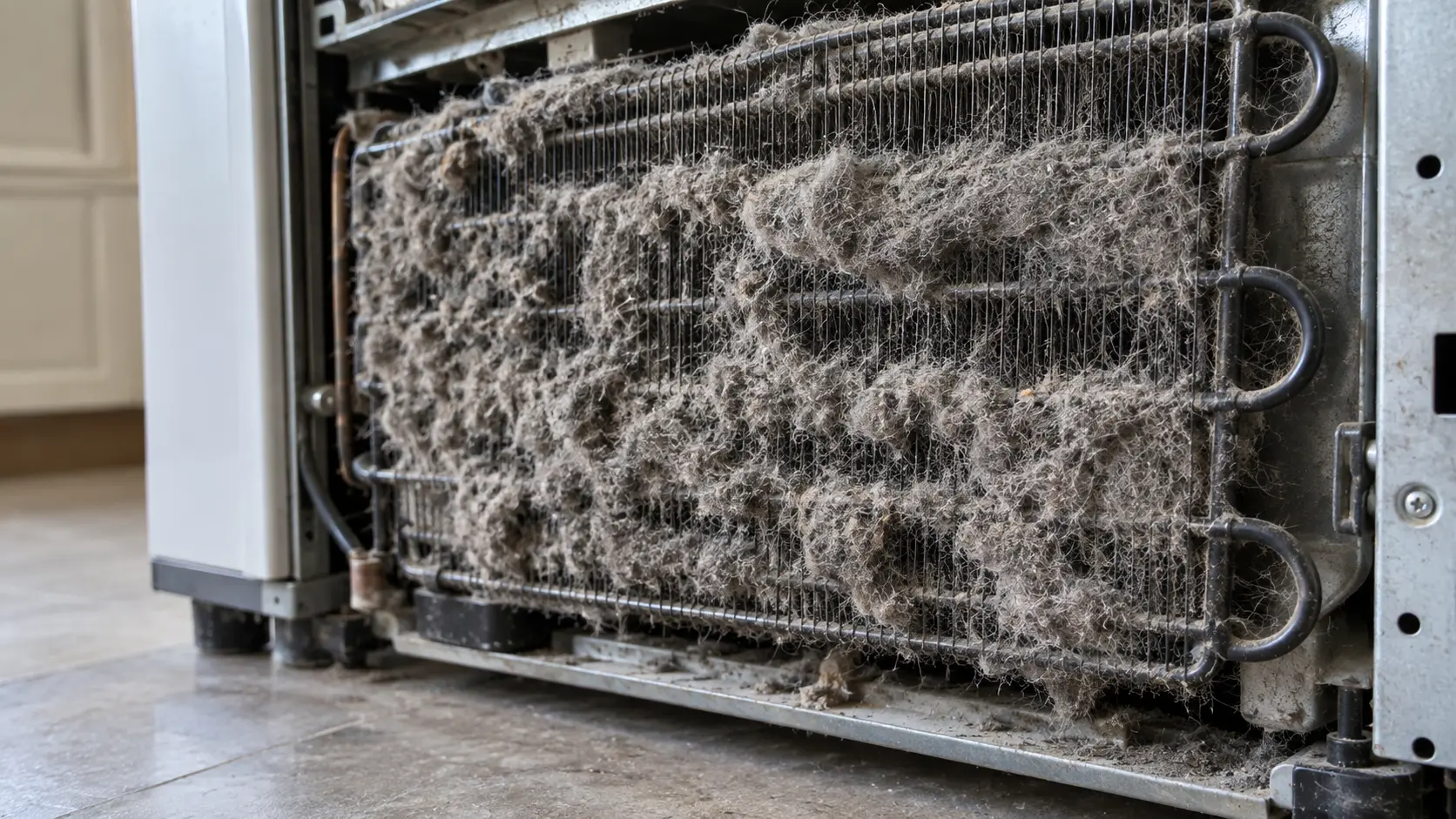 Close on a thick felt of dust across a refrigerator's condenser coils.