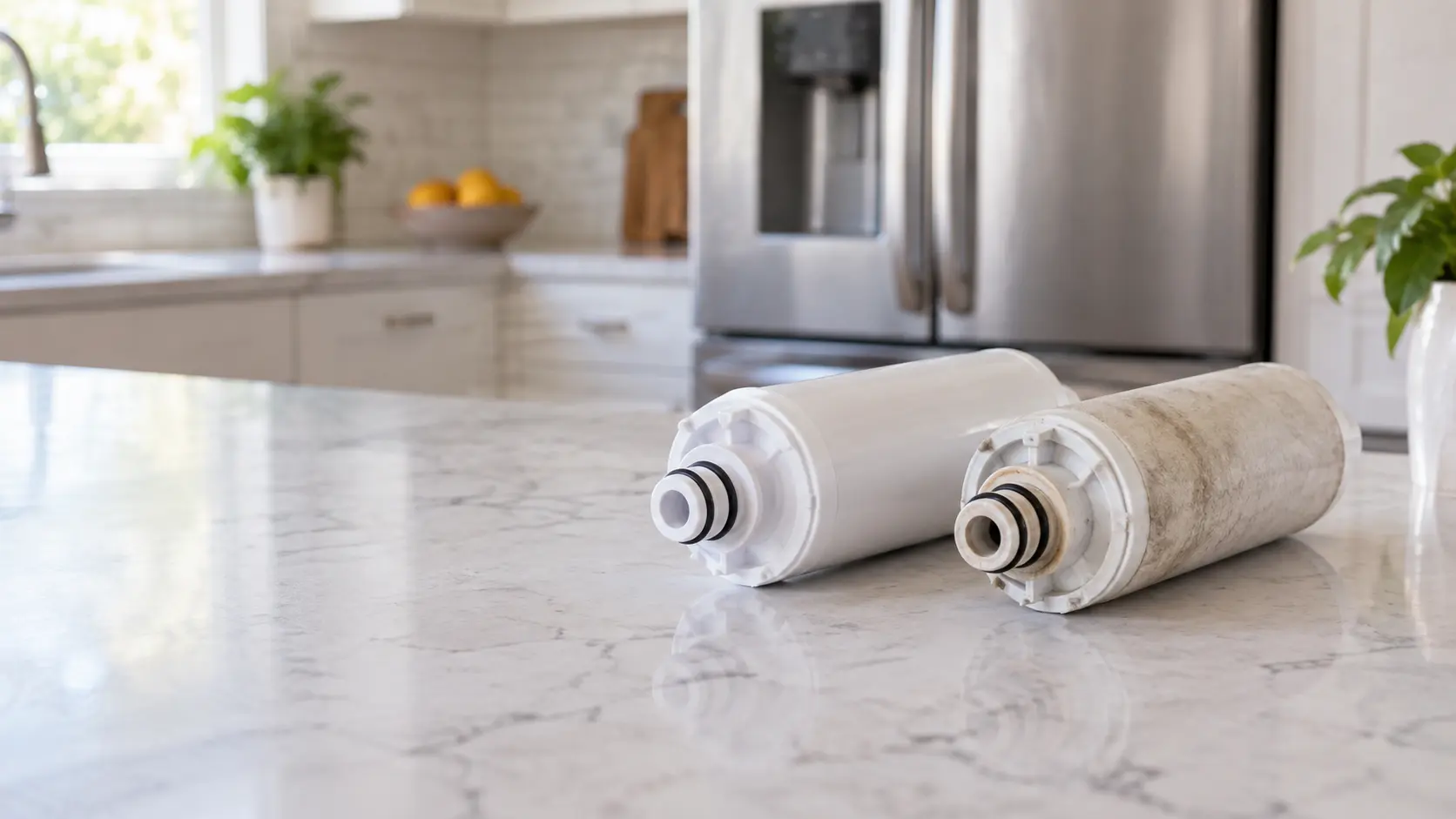A new water filter cartridge lying beside an old one on a kitchen counter.