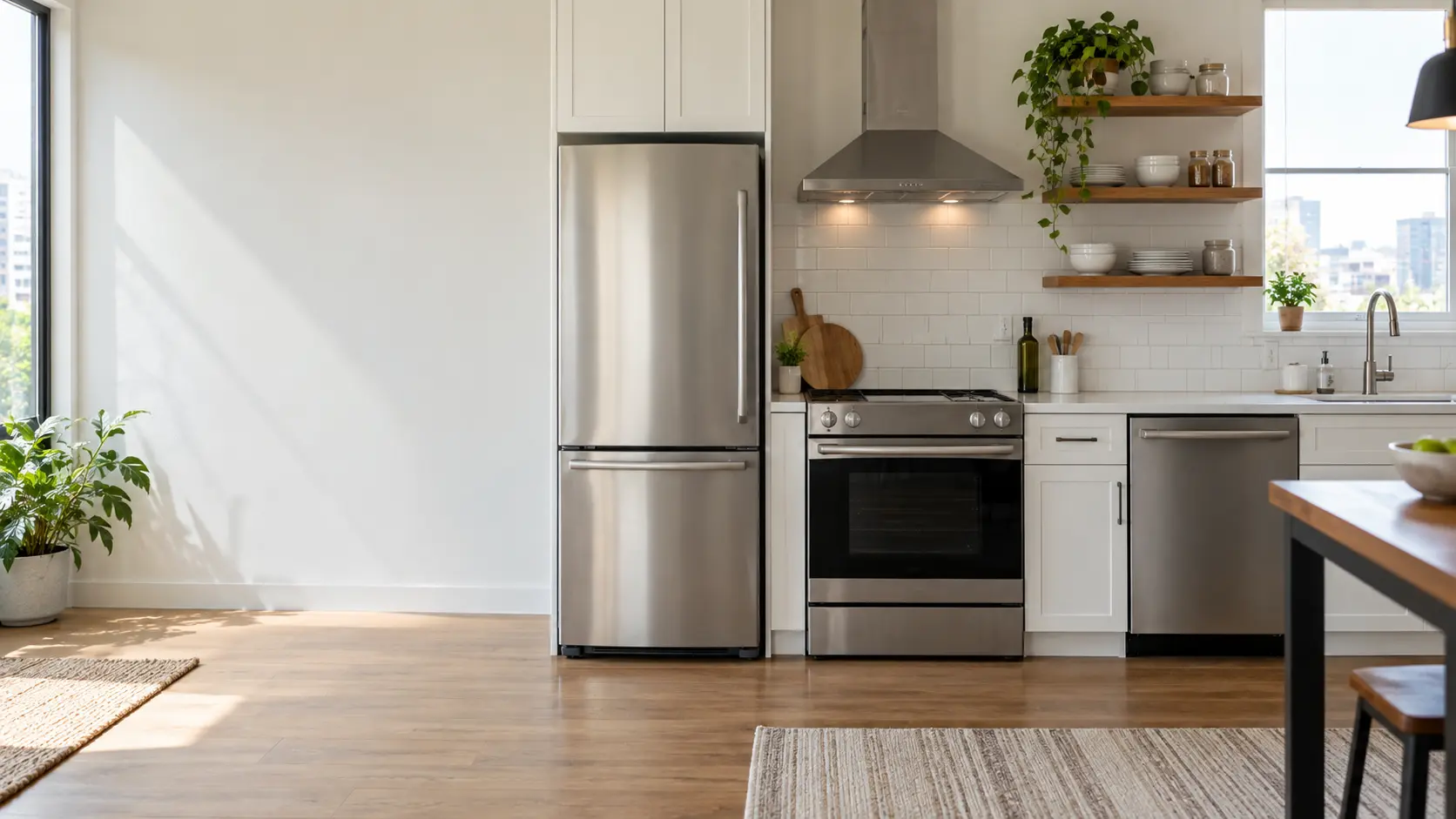 A city apartment kitchen in daylight with compact stainless appliances.