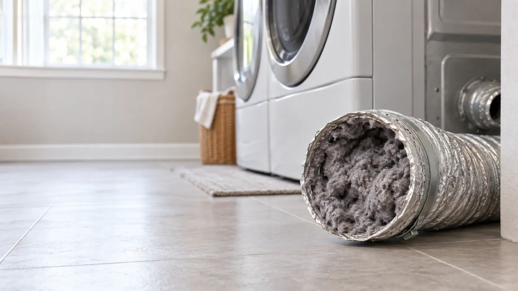 Thick gray lint packed inside a disconnected dryer exhaust duct lying on a laundry room floor.