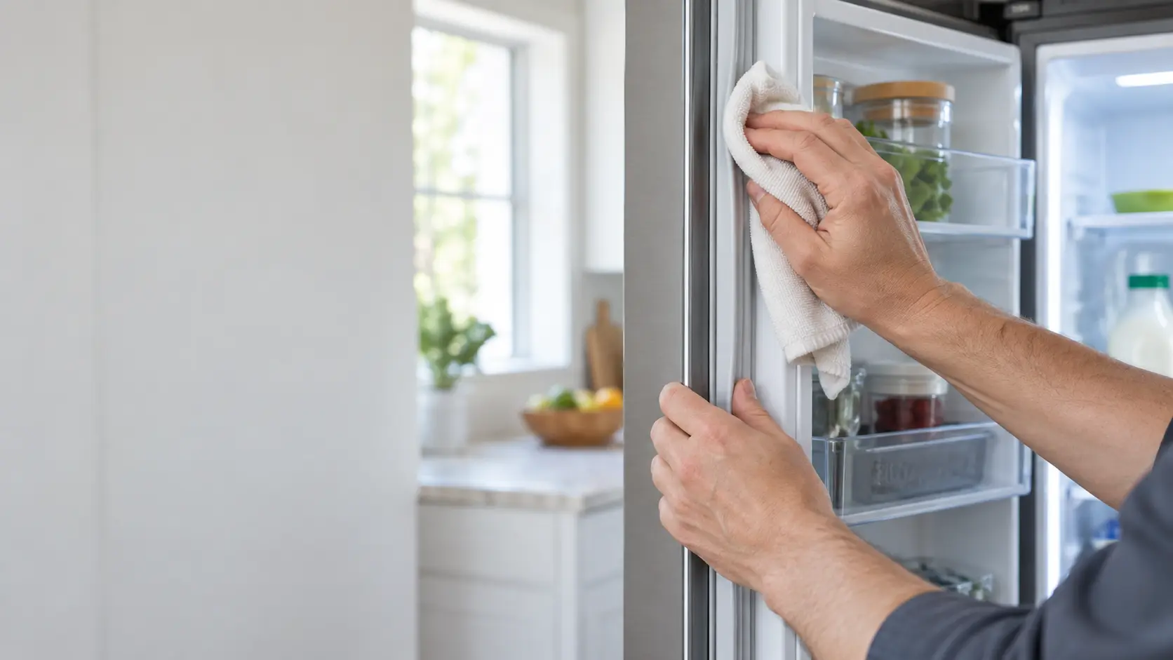 A technician's hands wiping the rubber door gasket of a home refrigerator with a cloth.