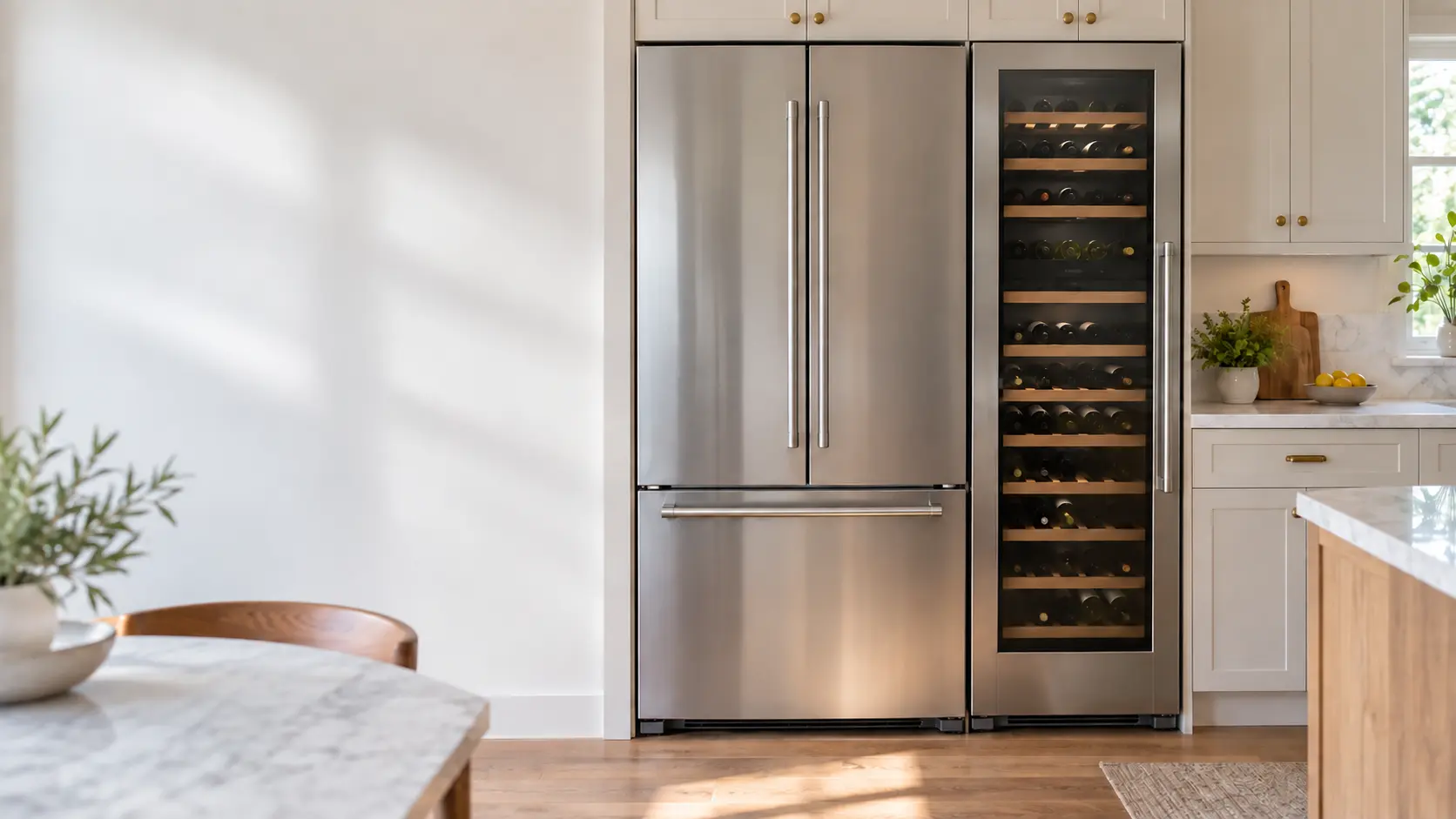 A home refrigerator and a wine column side by side in a kitchen wall.