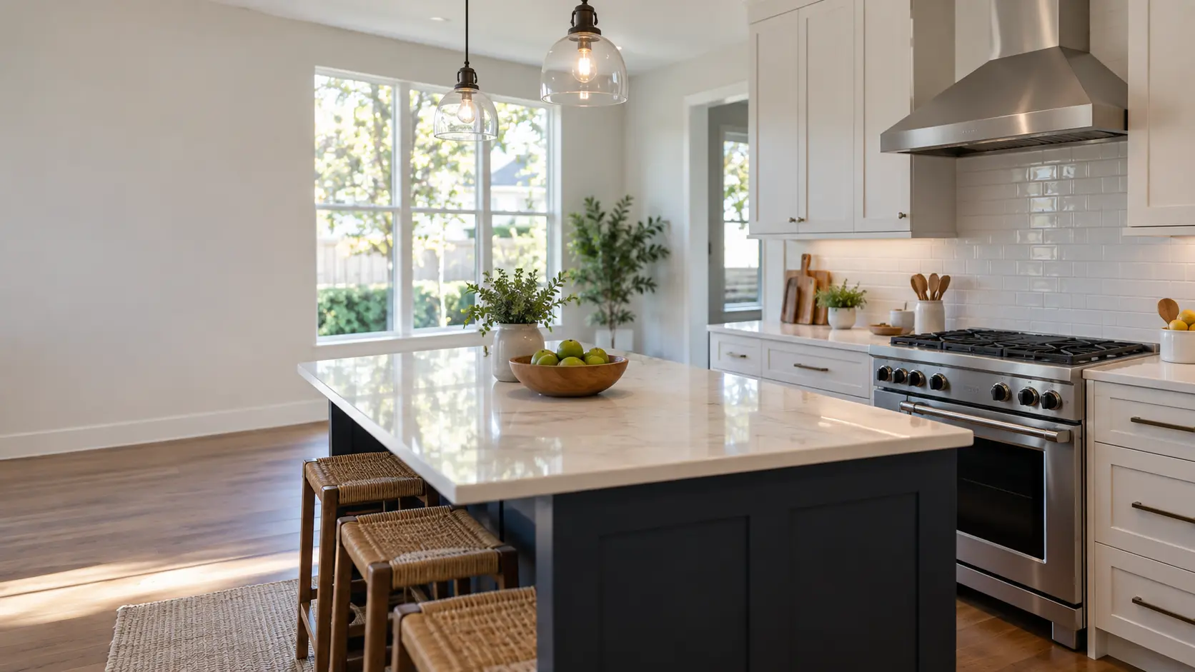 A Houston family kitchen with an island and a gas range, seen from across the room.
