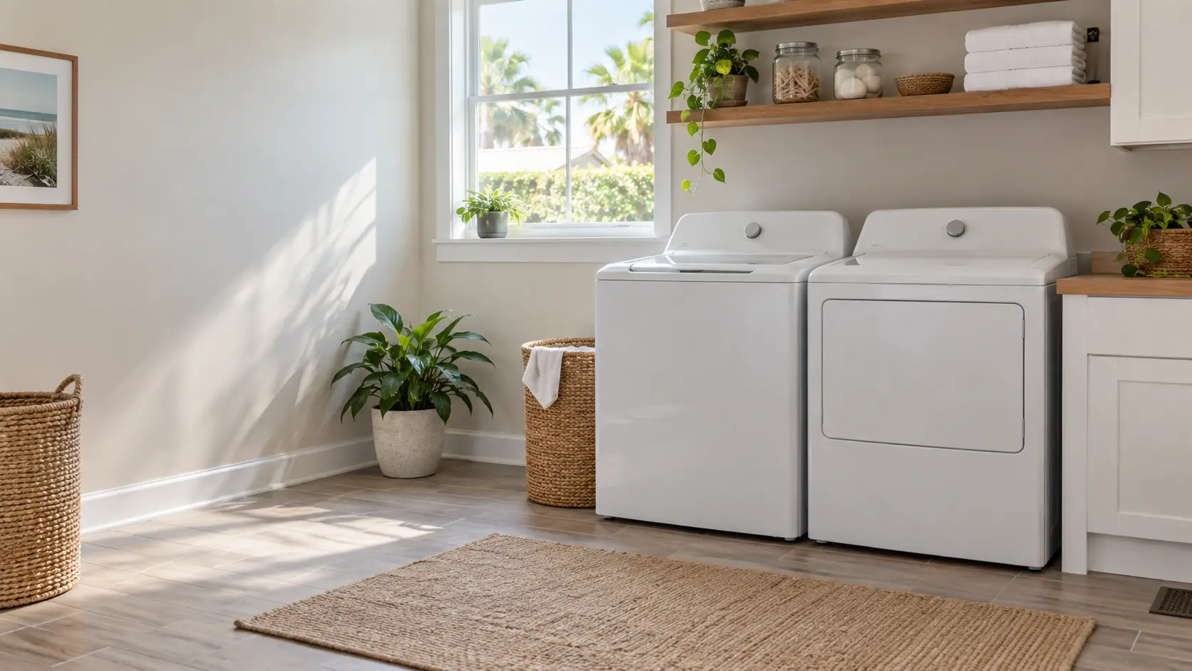 A Tampa Bay ranch home's laundry room with a washer and dryer and a window, seen from across the room.